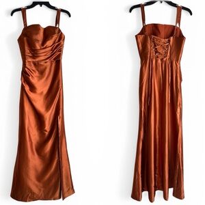 Maxi dress satin bridesmaid with slit, for prom or formal event